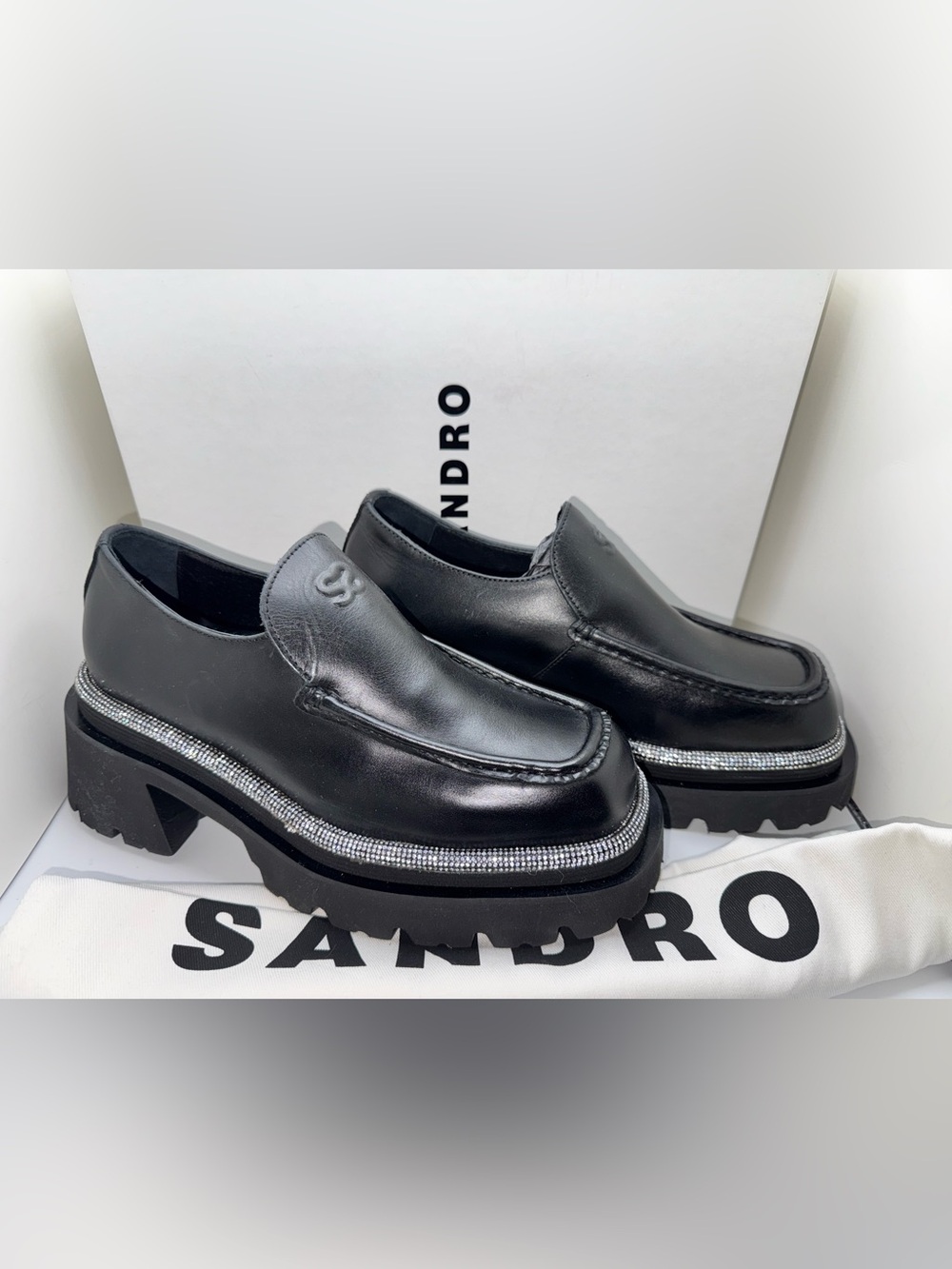 Sandro Teriane Chunky Loafers Black Leather Strass Sole 38